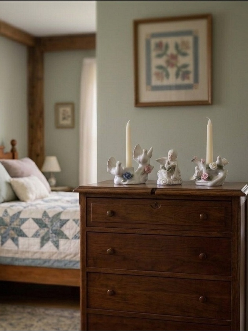 Vintage Porcelain Angel & Dove Candleholder Set (3-Piece)
